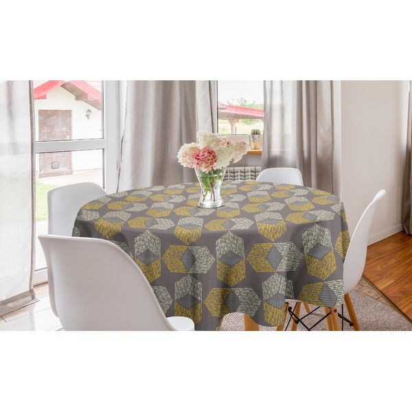 Abakuhaus Tovaglia Rotonda Dai Colori Tenui, Forme Astratte Boho, Tovaglia Circolare Per Sala Da Pranzo, Decorazione Per Cucina, 150 Cm, Cacao Senape E Avorio-image