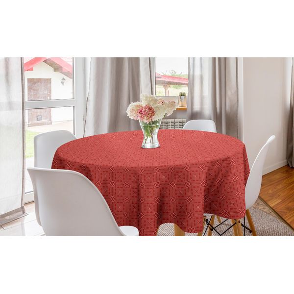 Abakuhaus Tovaglia Rotonda Etnica, Motivi Orientali Diagonali, Tovaglia Circolare Per Sala Da Pranzo, Decorazione Cucina, 150 Cm, Vermiglio E Bianco-image