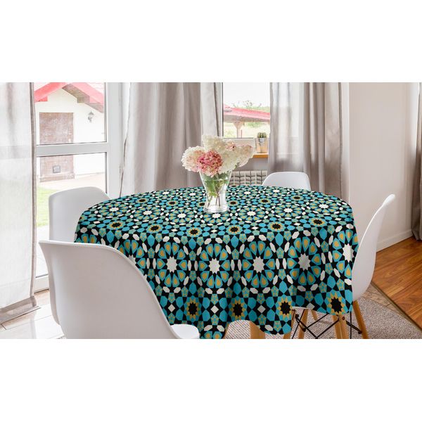 Abakuhaus Tovaglia Rotonda Marocchina, Motivo Geometrico Floreale Vintage, Tovaglia Circolare Per Sala Da Pranzo E Cucina, 150 Cm, Azzurro Cielo E Verde Reseda-image