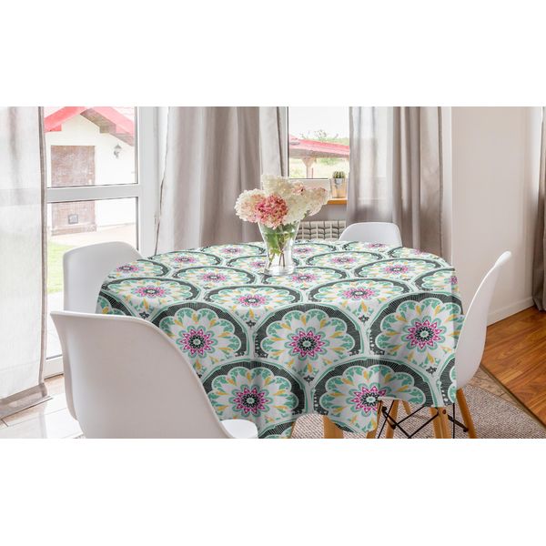 Abakuhaus Tovaglia Rotonda Orientale, Motivo Floreale Ottomano, Tovaglia Circolare Per Sala Da Pranzo, Decorazione Cucina, 150 Cm, Verde Mare E Rosa-image