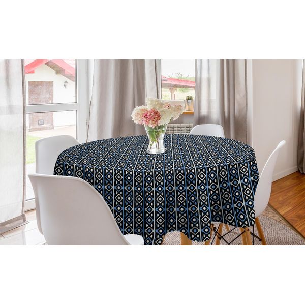 Abakuhaus Tovaglia Rotonda Astratta, Motivi Geometrici Ripetuti, Tovaglia Circolare Per Sala Da Pranzo, Decorazione Cucina, 150 Cm, Viola Blu E Nero-image