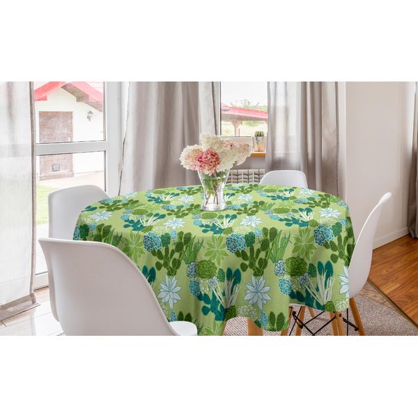 Abakuhaus Tovaglia Rotonda Succosa, Scena Con Cactus E Piante D'appartamento, Tovaglia Circolare Per Sala Da Pranzo E Cucina, 150 Cm, Verde E Turchese-image