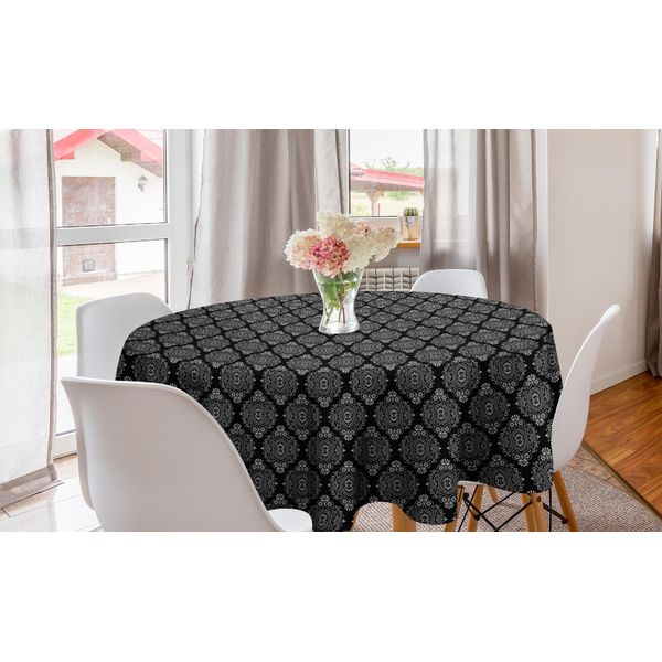 Abakuhaus Tovaglia Rotonda Con Motivi Floreali, Damasco Victorian Flourish, Tovaglia Circolare Per Sala Da Pranzo, Decorazione Cucina, 150 Cm, Grigio Antracite E Bianco-image