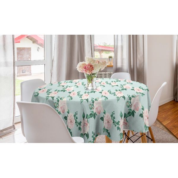 Abakuhaus Tovaglia Rotonda Con Motivi Floreali, Delicati Toni Pastello, Tovaglia Circolare Per Sala Da Pranzo, Decorazione Cucina, 150 Cm, Blu Cipria-image