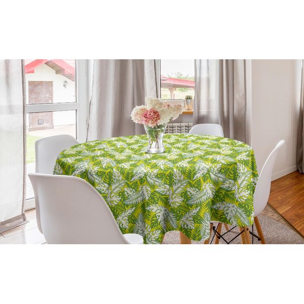 Abakuhaus Tovaglia Rotonda Esotica, Foglie Tropicali Hawaiane, Tovaglia Circolare Per Sala Da Pranzo, Decorazione Cucina, 150 Cm, Giallo, Verde, Bianco-image