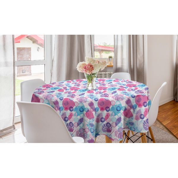 Abakuhaus Tovaglia Rotonda Blu E Rosa, Foglie Su Bolle, Tovaglia Circolare Per Sala Da Pranzo, Decorazione Cucina, 150 Cm, Multicolore-image