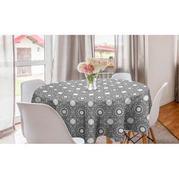 Abakuhaus Antique Oriental Tovaglia Rotonda, Arte Monocromatica, Tovaglia Circolare Per Sala Da Pranzo, Decorazione Per Cucina, 150 Cm, Grigio Antracite E Bianco-image