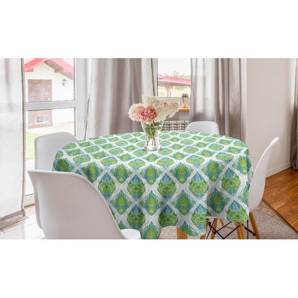 Abakuhaus Antique Oriental Tovaglia Rotonda, Arte Floreale Thailandese, Tovaglia Circolare Per Sala Da Pranzo, Decorazione Cucina, 150 Cm, Seafoam Turchese Scuro-image