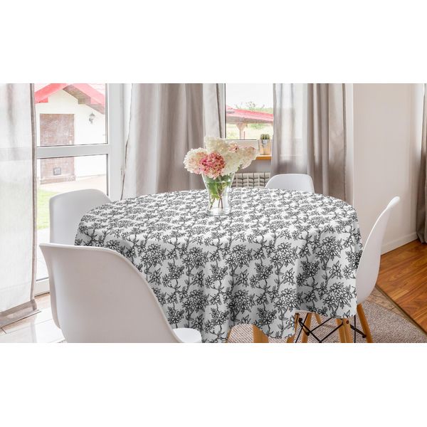 Abakuhaus Tovaglia Rotonda Con Motivo Floreale, Design Monocromatico, Tovaglia Circolare Per Sala Da Pranzo E Cucina, 150 Cm, Grigio Antracite E Bianco-image