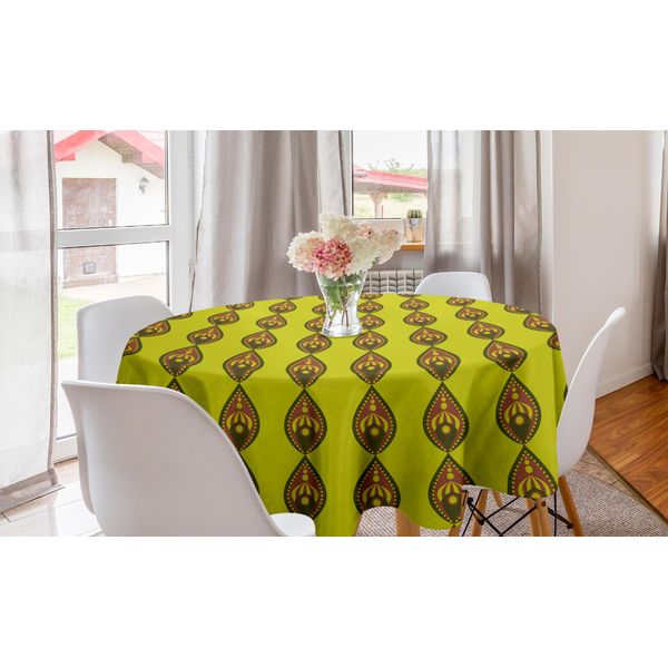 Abakuhaus Tovaglia Rotonda Astratta, Linee Verticali Orientali, Tovaglia Circolare Per Sala Da Pranzo, Decorazione Cucina, 150 Cm, Giallo-Verde Militare-image