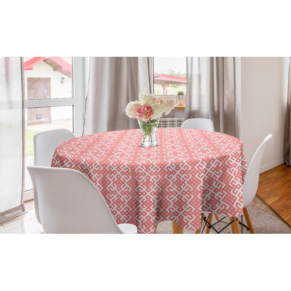 Abakuhaus Tovaglia Rotonda Russa, Motivi Slavi Monocromatici, Tovaglia Circolare Per Sala Da Pranzo, Decorazione Per Cucina, 150 Cm, Vermiglio E Bianco-image