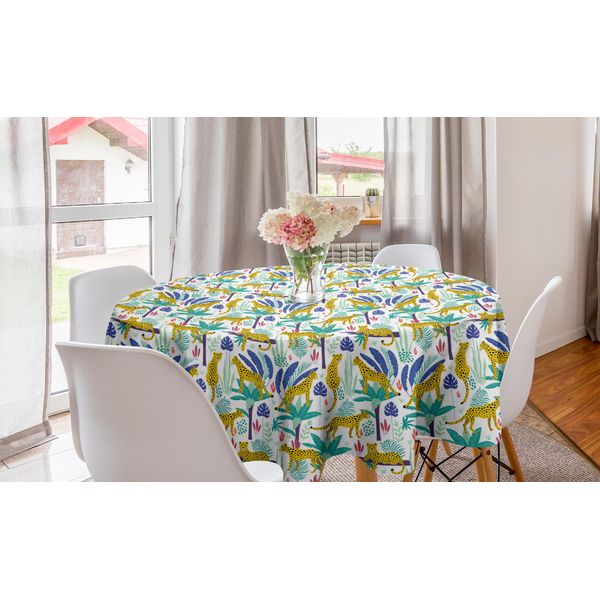 Abakuhaus Tovaglia Rotonda Urwald, Leopardi E Foglie Tropicali, Tovaglia Circolare Per Sala Da Pranzo, Decorazione Per Cucina, 150 Cm, Giallo Terra Multicolore-image
