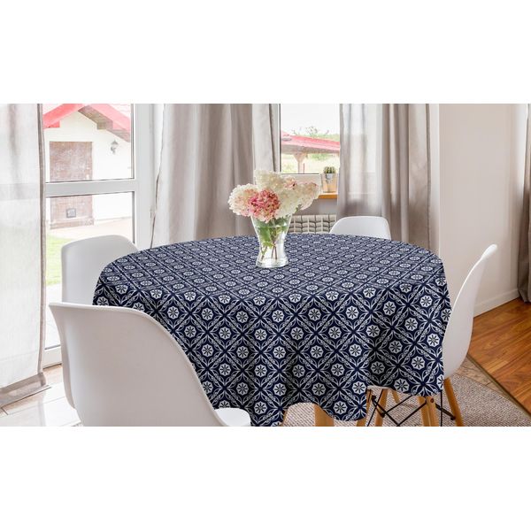 Abakuhaus Tovaglia Rotonda Astratta, Motivi Floreali Diagonali, Tovaglia Circolare Per Sala Da Pranzo, Decorazione Per Cucina, 150 Cm, Viola Scuro, Blu, Bianco-image