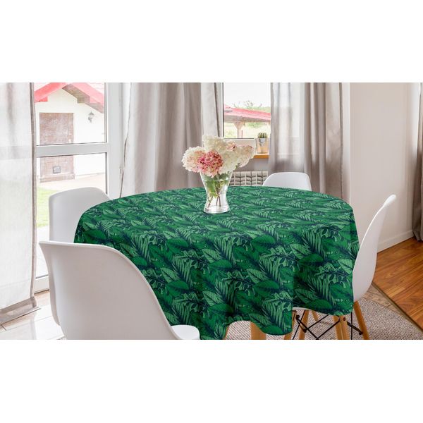 Abakuhaus Hawaiano Tovaglia Rotonda, Foglie Della Foresta Pluviale Tropicale, Tovaglia Circolare Per Sala Da Pranzo Decorazione Della Cucina, 150 Cm, Verde Bosco Verde Mare-image