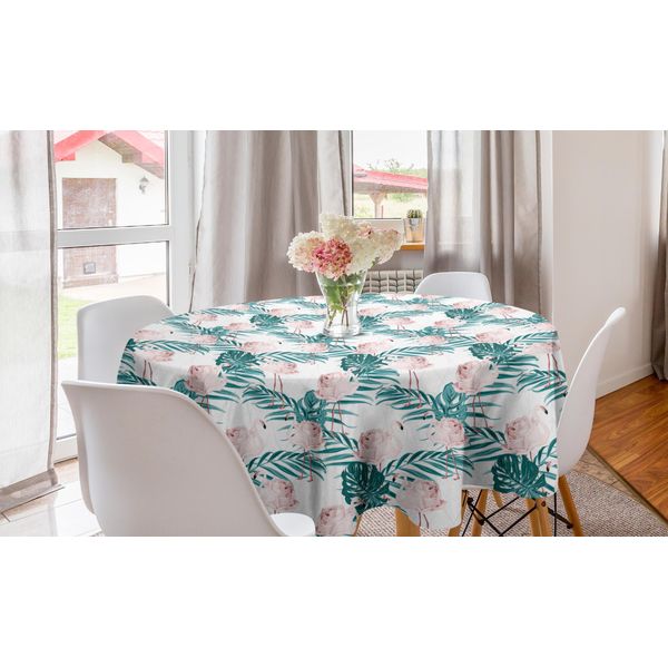 Abakuhaus Tovaglia Rotonda Flamingo, Uccello Tropicale Palmatia, Tovaglia Circolare Per Sala Da Pranzo, Decorazione Per Cucina, 150 Cm, Salmone Blu Cadetto-image
