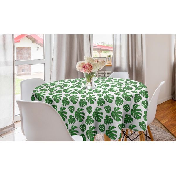 Abakuhaus Tovaglia Rotonda Philodendron, Foglie Disegnate In Dettaglio, Tovaglia Circolare Per Sala Da Pranzo, Decorazione Cucina, 150 Cm, Verde Felce E Bianco-image