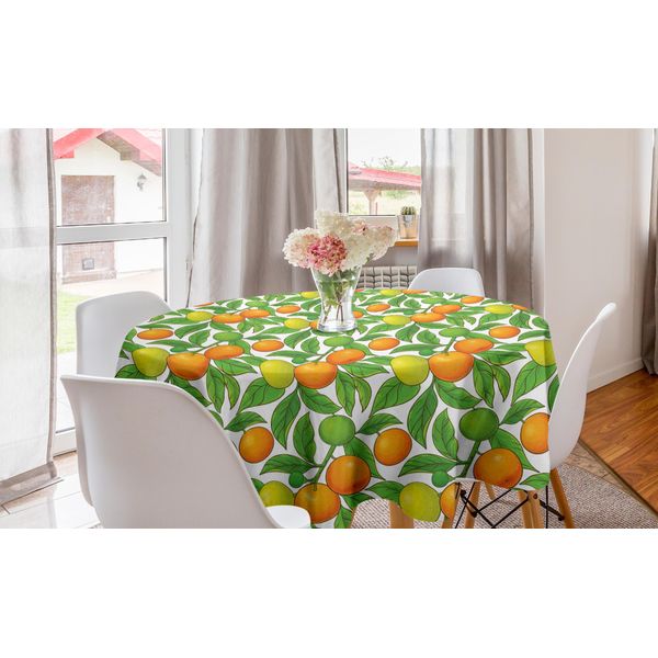 Abakuhaus Tovaglia Rotonda Con Motivi Fruttati, Agrumi Stagionali E Mandarini, Tovaglia Circolare Per Decorare La Sala Da Pranzo E La Cucina, 150 Cm, Arancione E Verde Lime-image