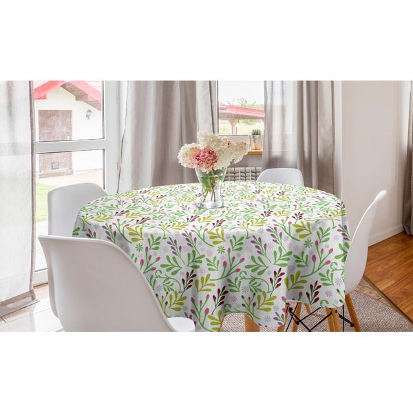 Abakuhaus Tovaglia Rotonda Botanica, Fiori Yard Childish, Tovaglia Circolare Per Sala Da Pranzo, Decorazione Cucina, 150 Cm, Verde Felce, Bordeaux E Rosa-image