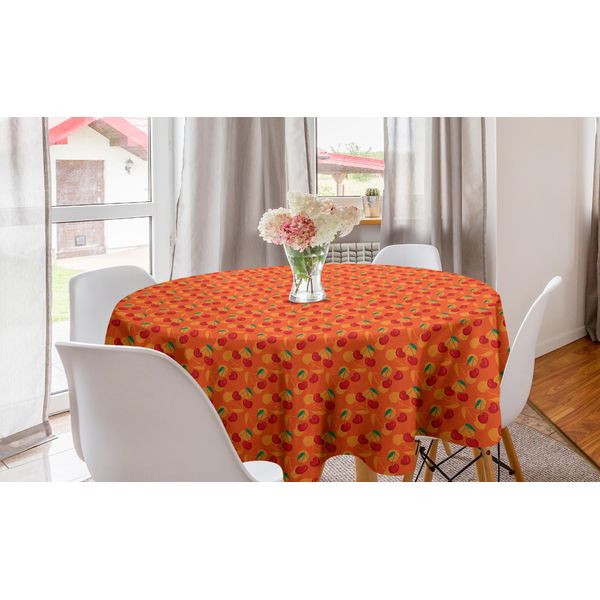 Abakuhaus Tovaglia Rotonda Con Motivi Fruttati, Rami Di Ciliegio E Motivi Arancioni, Tovaglia Circolare Per Decorare La Sala Da Pranzo E La Cucina, 150 Cm, Arancione Bruciato E Multicolore-image