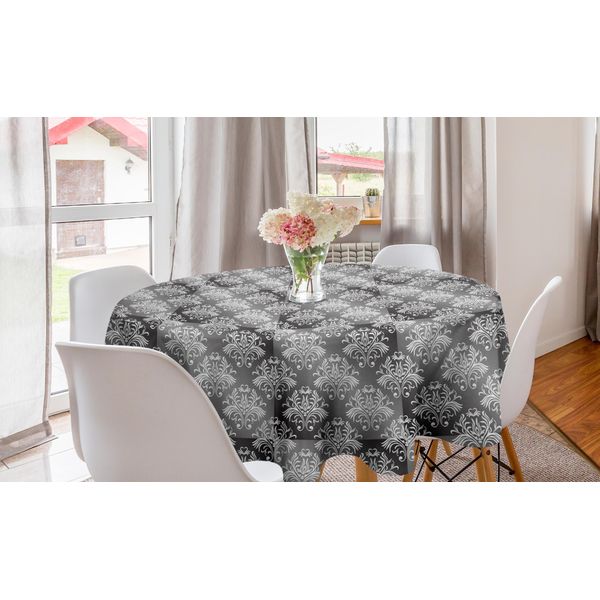 Abakuhaus Tovaglia Rotonda Grigio Damasco, Damasco Floreale Vintage, Tovaglia Rotonda Per Sala Da Pranzo, Decorazione Cucina, 150 Cm, Grigio Chiaro E Bianco-image