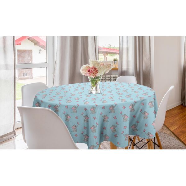 Abakuhaus Tovaglia Rotonda Per Asilo, Elefanti E Farfalle, Tovaglia Circolare Per Sala Da Pranzo, Decorazione Per Cucina, 150 Cm, Azzurro Pallido E Rosa Pallido-image