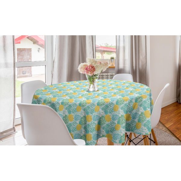 Abakuhaus Luau Tovaglia Rotonda, Foglie Estive E Ananas, Tovaglia Circolare Per Sala Da Pranzo, Decorazione Cucina, 150 Cm, Giallo Terra Seafoam-image