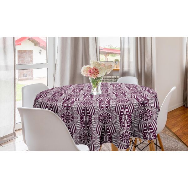 Abakuhaus Tovaglia Rotonda Etnica, Piume Tribali Monocromatiche, Tovaglia Circolare Per Sala Da Pranzo, Decorazione Cucina, 150 Cm, Prugna E Bianco-image