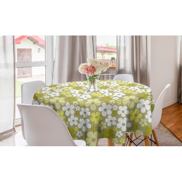 Abakuhaus Grigio Giallo Tovaglia Rotonda, Motivo Floreale Astratto, Tovaglia Circolare Per Sala Da Pranzo, Decorazione Cucina, 150 Cm, Giallo Pastello Kaki-image