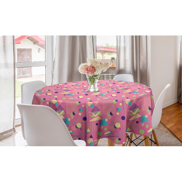 Abakuhaus Tovaglia Rotonda In Stile Memphis, Pop Art Postmoderna, Tovaglia Circolare Per Decorare La Sala Da Pranzo E La Cucina, 150 Cm, Rosa Pastello Multicolore-image