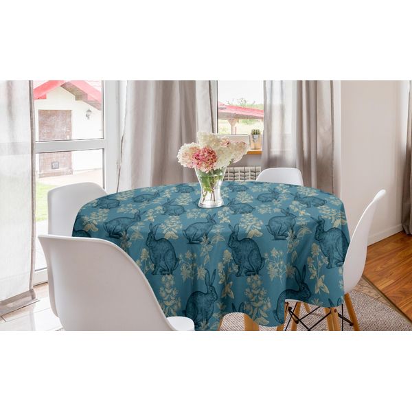 Abakuhaus Tovaglia Rotonda Naturale, Motivo Con Conigli E Fiori, Tovaglia Circolare Per Decorare La Sala Da Pranzo E La Cucina, 150 Cm, Multicolore-image