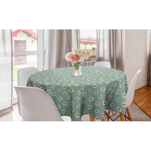 Abakuhaus Tovaglia Rotonda Con Motivi Floreali, Fiori E Pois, Tovaglia Circolare Per Sala Da Pranzo E Cucina, 150 Cm, Verde Acqua Chiaro E Crema-image