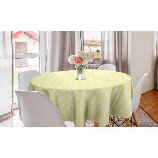 Abakuhaus Tovaglia Rotonda Astratta, Forme Romboidali Come Stelle, Tovaglia Circolare Per Sala Da Pranzo, Decorazione Cucina, 150 Cm, Crema Pastello Giallo E Bianco-image