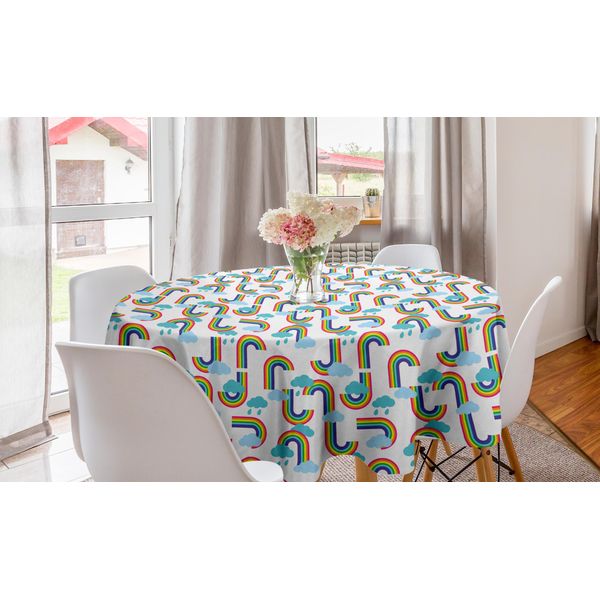 Abakuhaus Tovaglia Rotonda Con Caricature, Motivo Arcobaleno E Nuvole, Tovaglia Circolare Per Decorare La Sala Da Pranzo E La Cucina, 150 Cm, Bianca E Multicolore-image
