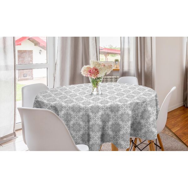 Abakuhaus Antique Oriental Tovaglia Rotonda, Grigio Barocco Boho, Tovaglia Circolare Per Sala Da Pranzo, Decorazione Cucina, 150 Cm, Grigio Chiaro Bianco-image
