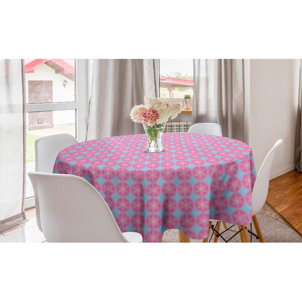 Abakuhaus Tovaglia Rotonda Con Motivi Floreali, Fiori Rotondi E Simmetrici, Tovaglia Circolare Per Decorare La Sala Da Pranzo E La Cucina, 150 Cm, Azzurro Pallido E Rosa-image
