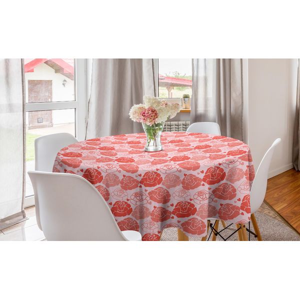 Abakuhaus Romantica Tovaglia Rotonda, Rose E Cuoricini, Tovaglia Circolare Per Sala Da Pranzo, Decorazione Per Cucina, 150 Cm, Rosa Corallo-image