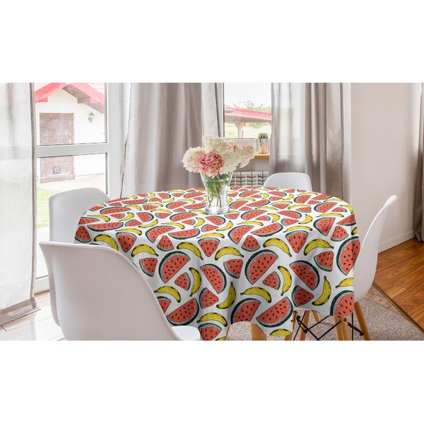 Abakuhaus Tovaglia Rotonda Con Frutta, Fette Di Anguria E Banane, Tovaglia Circolare Per Sala Da Pranzo, Decorazione Per Cucina, 150 Cm, Corallo Bianco Giallo-image