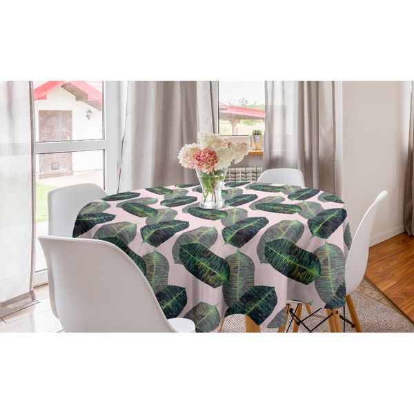 Abakuhaus Tovaglia Rotonda Con Foglie, Motivo A Foglie Stilizzate, Tovaglia Circolare Per Sala Da Pranzo, Decorazione Per Cucina, 150 Cm, Rosa Baby Multicolore-image