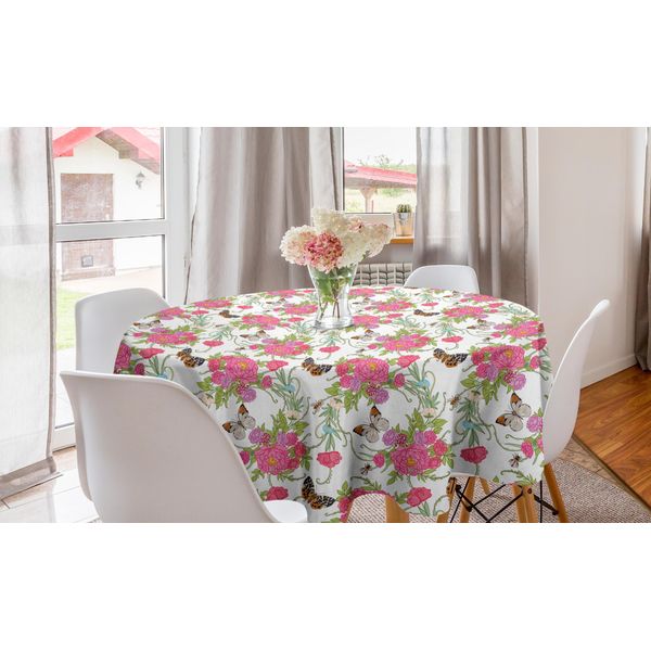 Abakuhaus Tovaglia Rotonda Primaverile, Farfalle Su Fiori Artistici, Tovaglia Circolare Per Sala Da Pranzo, Decorazione Cucina, 150 Cm, Rosa Pastello Multicolore-image