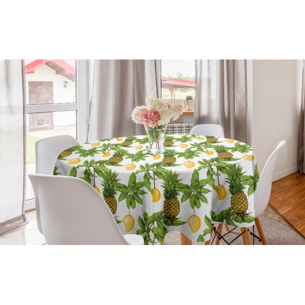 Abakuhaus Tovaglia Rotonda Tropicale, Ananas Mango Palmatia, Tovaglia Circolare Per Sala Da Pranzo, Decorazione Cucina, 150 Cm, Bianco Multicolore-image
