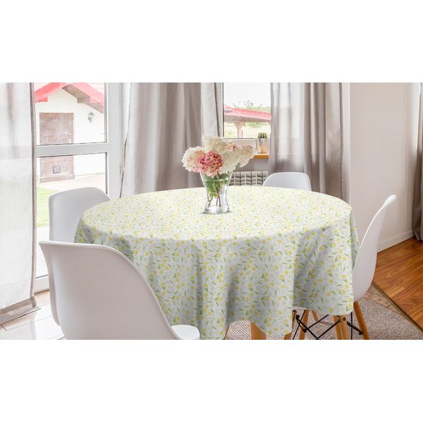 Abakuhaus Tovaglia Rotonda Con Motivi Floreali, Narcisi E Pois, Tovaglia Circolare Per Sala Da Pranzo E Cucina, 150 Cm, Giallo Pastello E Verde Chiaro-image