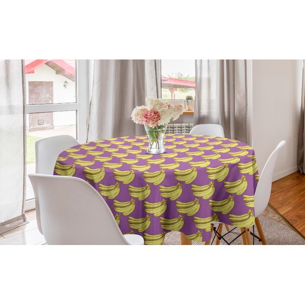 Abakuhaus Tovaglia Rotonda Con Motivi Frutta, Stile Vintage Banane Mature, Tovaglia Rotonda Per Sala Da Pranzo E Cucina, 150 Cm, Viola E Giallo Pastello-image