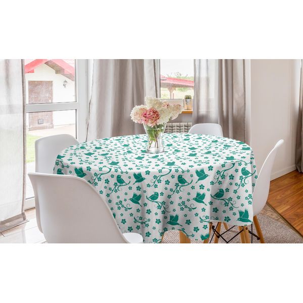 Abakuhaus Tovaglia Rotonda Naturale, Uccelli E Fiori Di Ciliegio, Tovaglia Circolare Per Sala Da Pranzo, Decorazione Per Cucina, 150 Cm, Bianco Verde Acqua-image