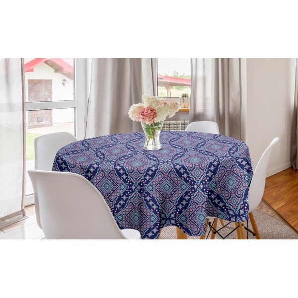 Abakuhaus Tovaglia Rotonda Orientale, Motivi Tribali, Tovaglia Circolare Per Sala Da Pranzo E Cucina, 150 Cm, Indaco Rosa Pallido-image