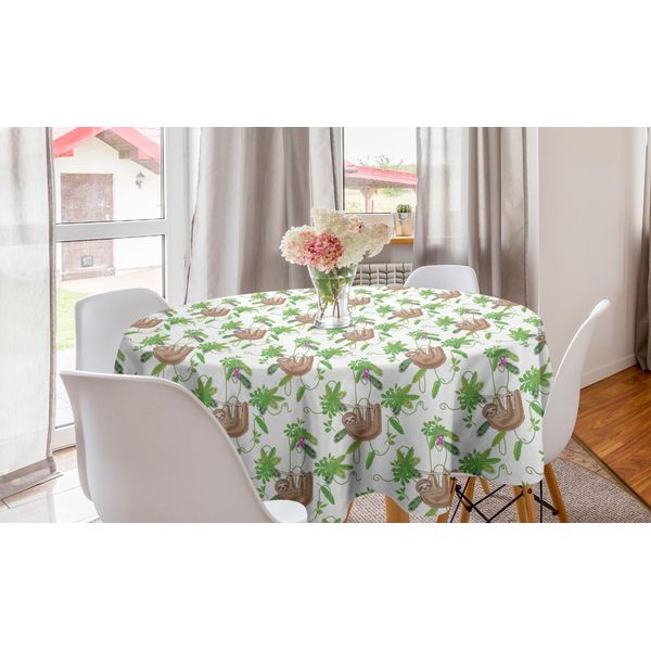 Abakuhaus Divertente Tovaglia Rotonda Sloth, Foglie Di Fiori, Tovaglia Circolare Per Sala Da Pranzo, Decorazione Cucina, 150 Cm, Verde Lime Umber-image