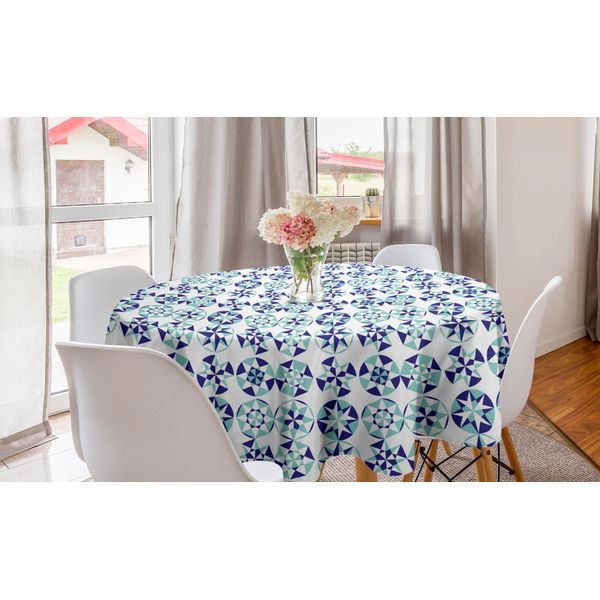 Abakuhaus Tovaglia Geometrica Rotonda, Mosaico Frattale Rotondo, Tovaglia Circolare Per Sala Da Pranzo, Decorazione Cucina, 150 Cm, Indaco, Schiuma Di Mare E Bianco-image