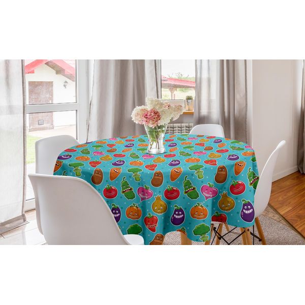 Abakuhaus Tovaglia Rotonda Con Motivi Vegetali, Caricatura Sorridente Di Cibo, Tovaglia Circolare Per Decorare La Sala Da Pranzo E La Cucina, 150 Cm, Multicolore-image