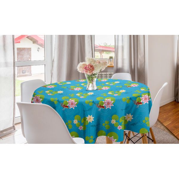 Abakuhaus Tovaglia Rotonda Con Motivo Laghetto, Pesci Koi E Rane Che Nuotano, Tovaglia Circolare Per Sala Da Pranzo E Cucina, 150 Cm, Blu Cielo Multicolore-image