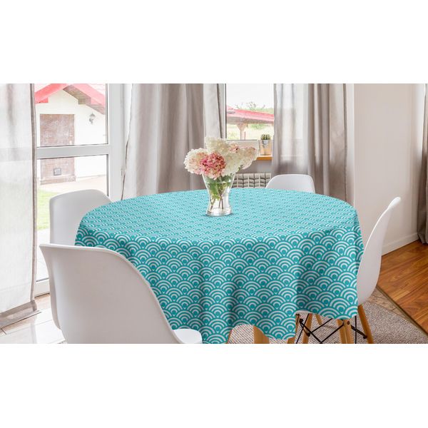 Abakuhaus Tovaglia Rotonda Astratta, Motivo Giapponese Waves, Tovaglia Circolare Per Sala Da Pranzo, Decorazione Cucina, 150 Cm, Bianco Sporco E Blu Mare-image