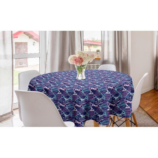 Abakuhaus Tovaglia Rotonda Con Motivi Floreali, Foglie Tropicali, Arte Hipster, Tovaglia Circolare Per Sala Da Pranzo, Decorazione Cucina, 150 Cm, Blu Scuro E Rosa-image